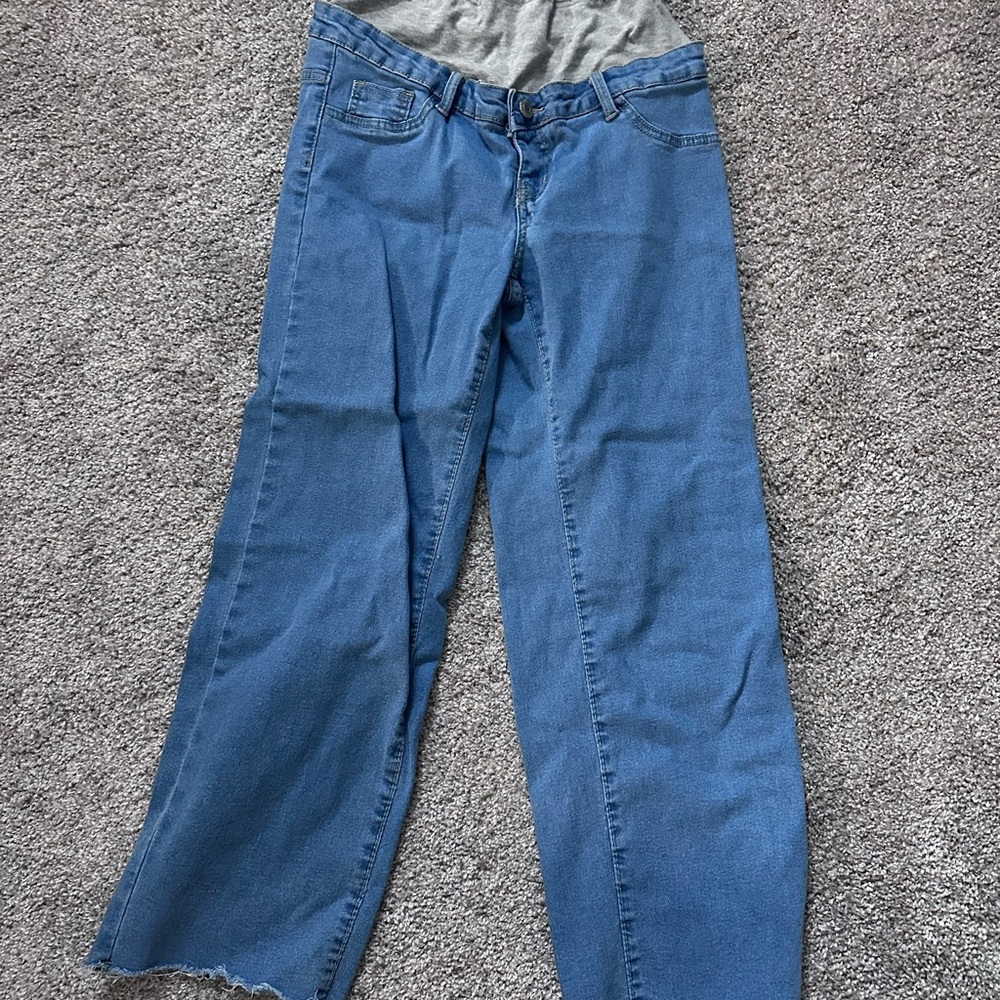 Blue Women's Over Belly Cropped Maternity Jeans